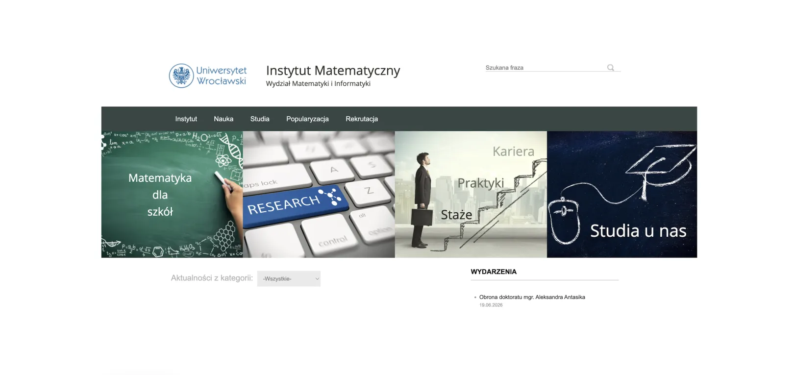 Institute of Mathematics at the University of Wroclaw homepage with main navigation, featured tiles for schools outreach, research, careers, and studies, plus news and events sections.