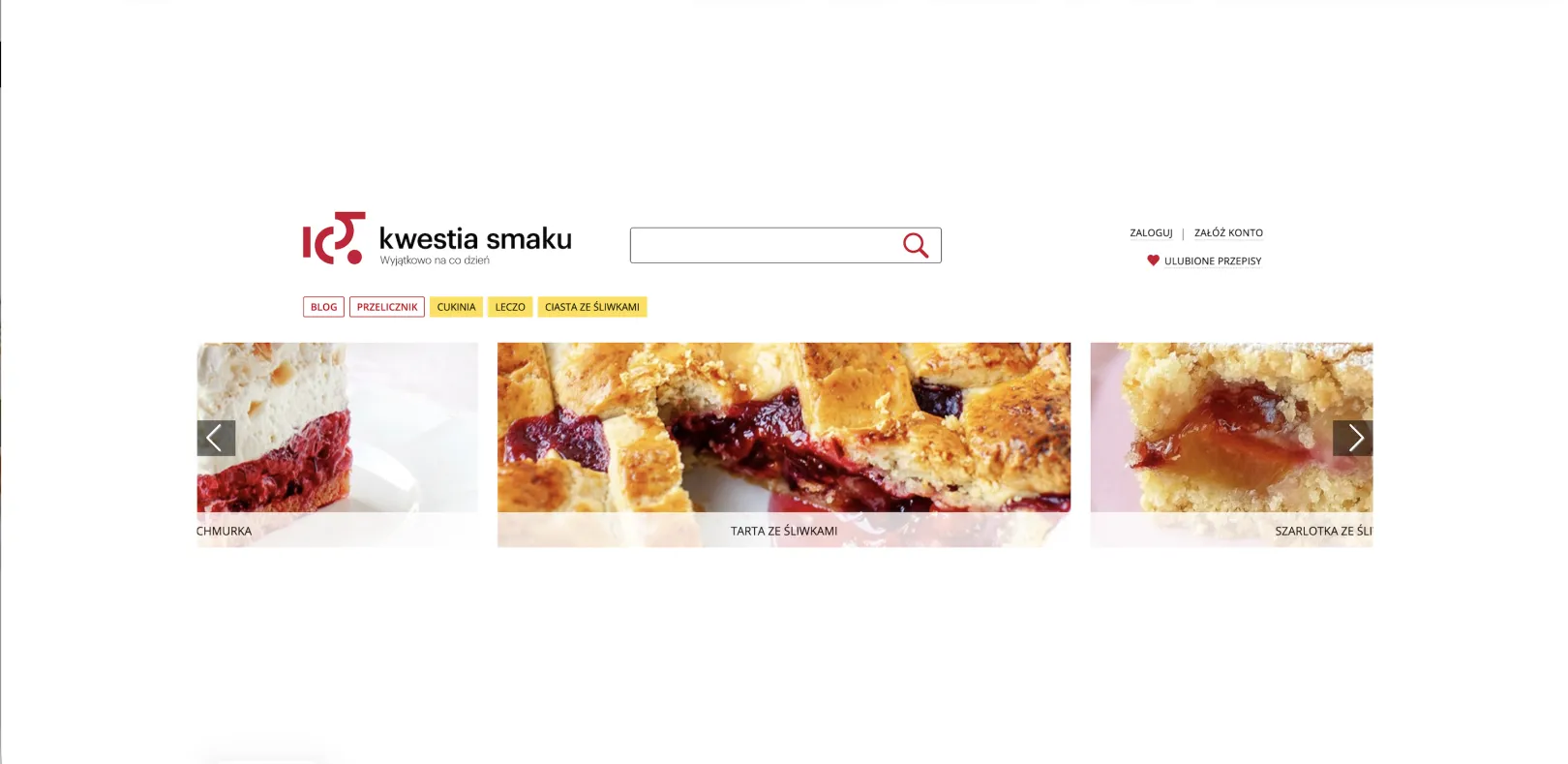 KwestiaSmaku.com homepage with logo, site search, category navigation tags, and a Slick carousel of featured recipes including plum tart and cloud cake on the high-traffic Drupal portal.