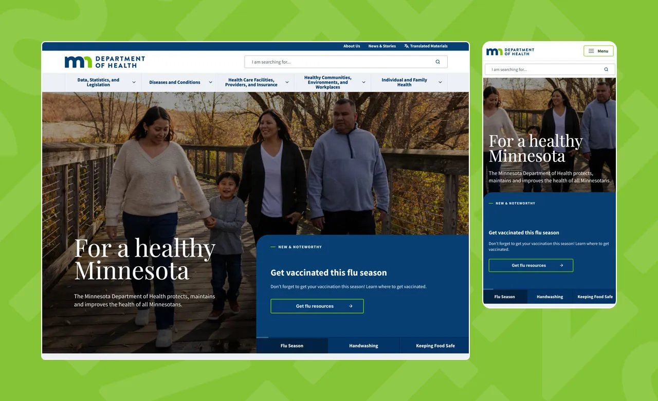 partial view of the MDH homepage on desktop and mobile