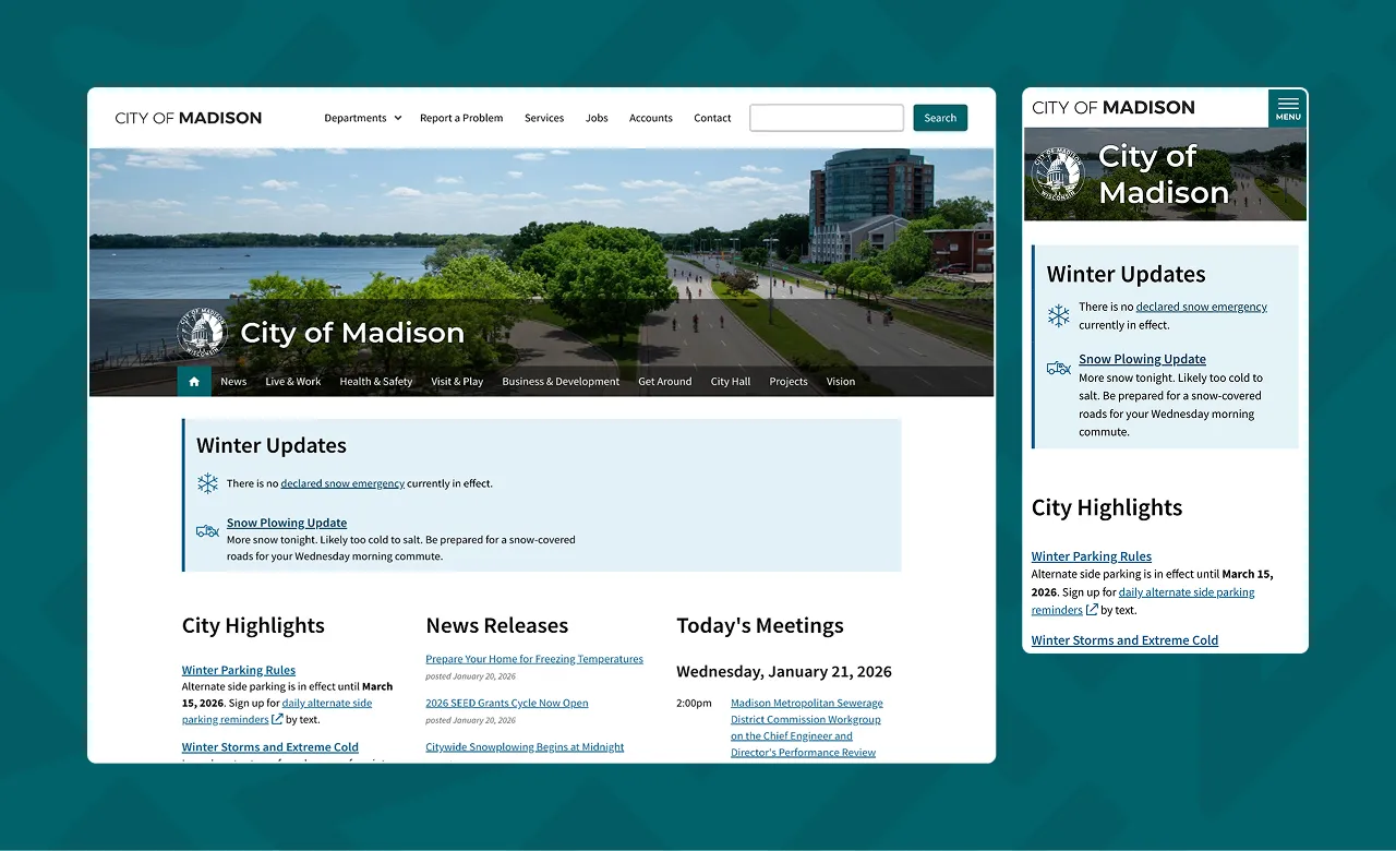 screenshot of the city website, resized and cropped for a desktop and mobile view