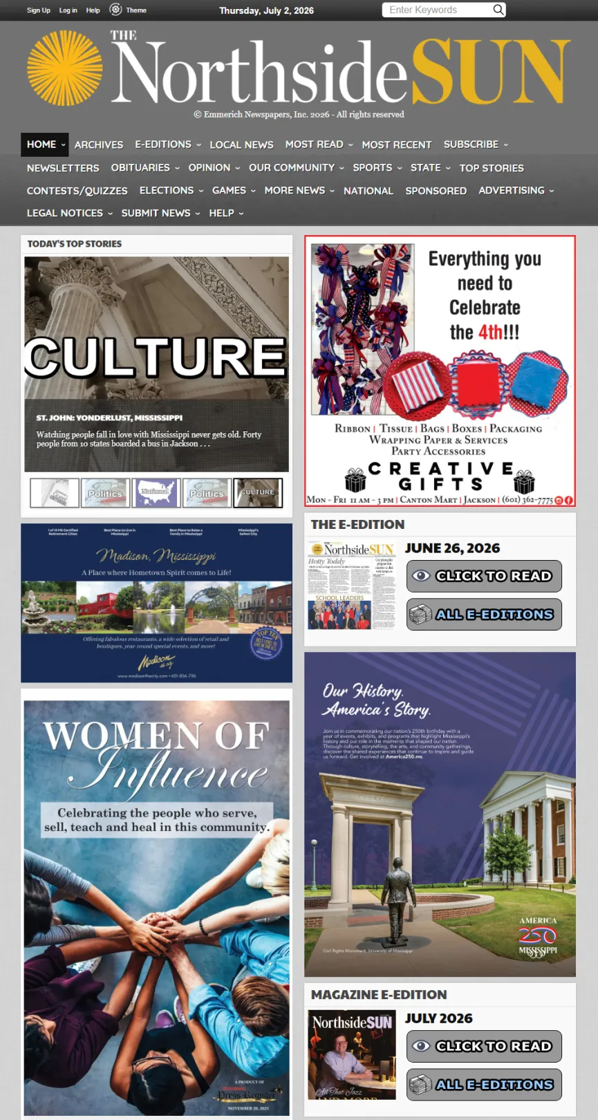  Screenshot of The Northside Sun news website homepage showing top stories, an e-edition preview, and local Mississippi advertisements.