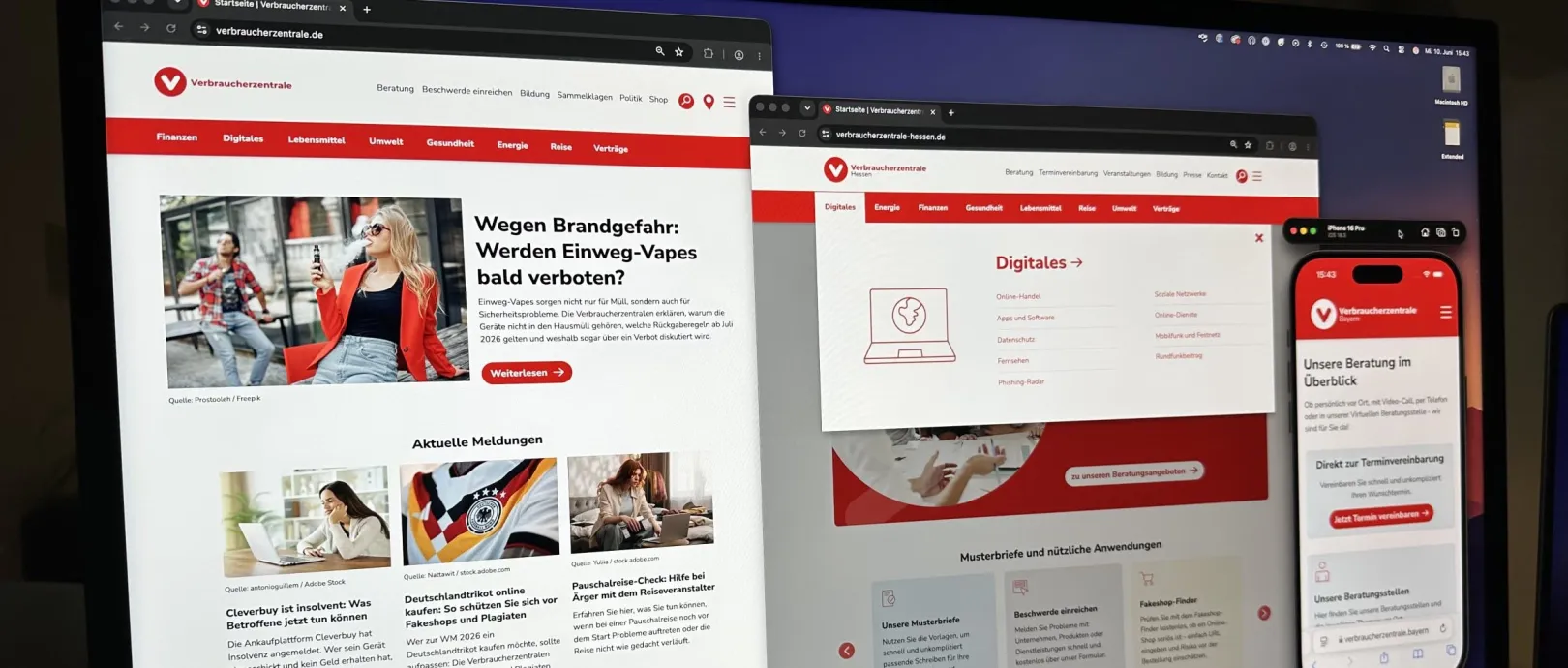 Ultrawide monitor showing three views of the Verbraucherzentrale website project: the homepage of verbraucherzentrale.de, the Verbraucherzentrale Hessen homepage with the mega menu open, and a mobile page view from Verbraucherzentrale Bayern