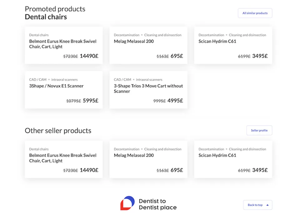 D2D Place product listing showing promoted dental chairs and other seller products with category labels, product names, and discounted pricing in the Henry Schein B2B marketplace.
