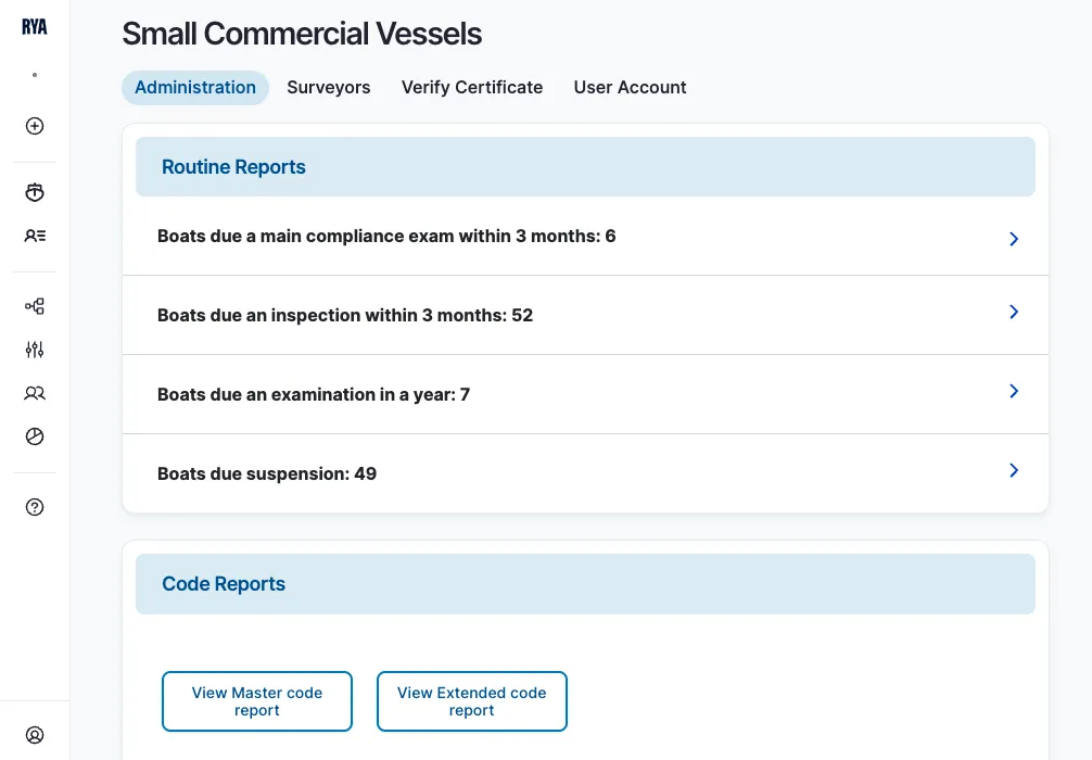Screenshot of the homepage dashboard of the SCV website for the RYA, showing key data & links to reports