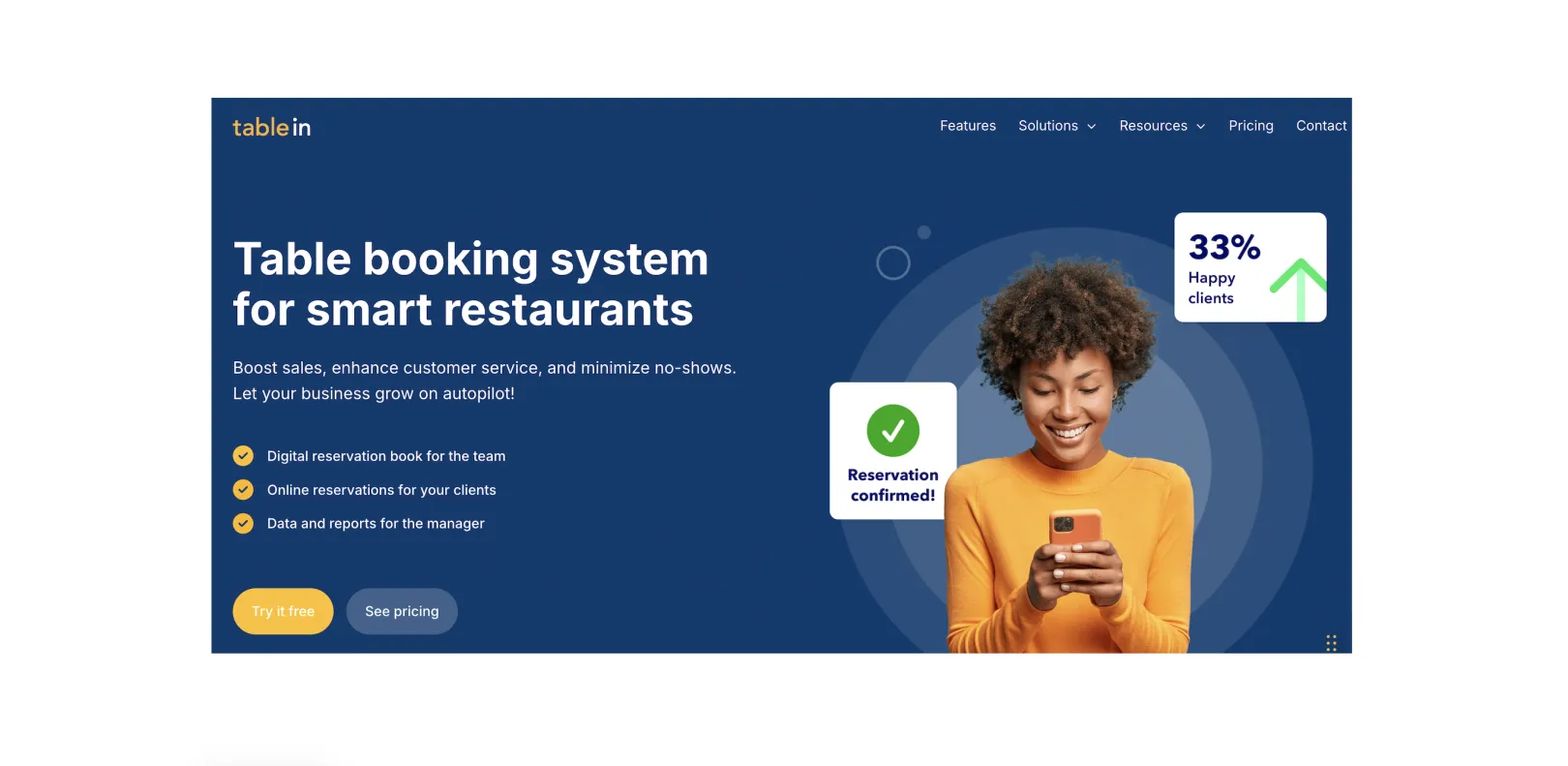 TableIn homepage hero with the headline "Table booking system for smart restaurants", online reservation features, and Try it free call-to-action on the public booking platform.