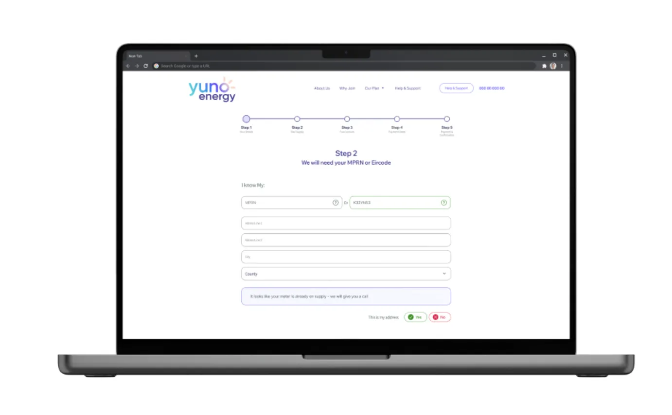 Yuno Energy multi-step registration form on a laptop, showing Step 2 where customers enter MPRN or Eircode address details in the Drupal Webform sign-up flow.