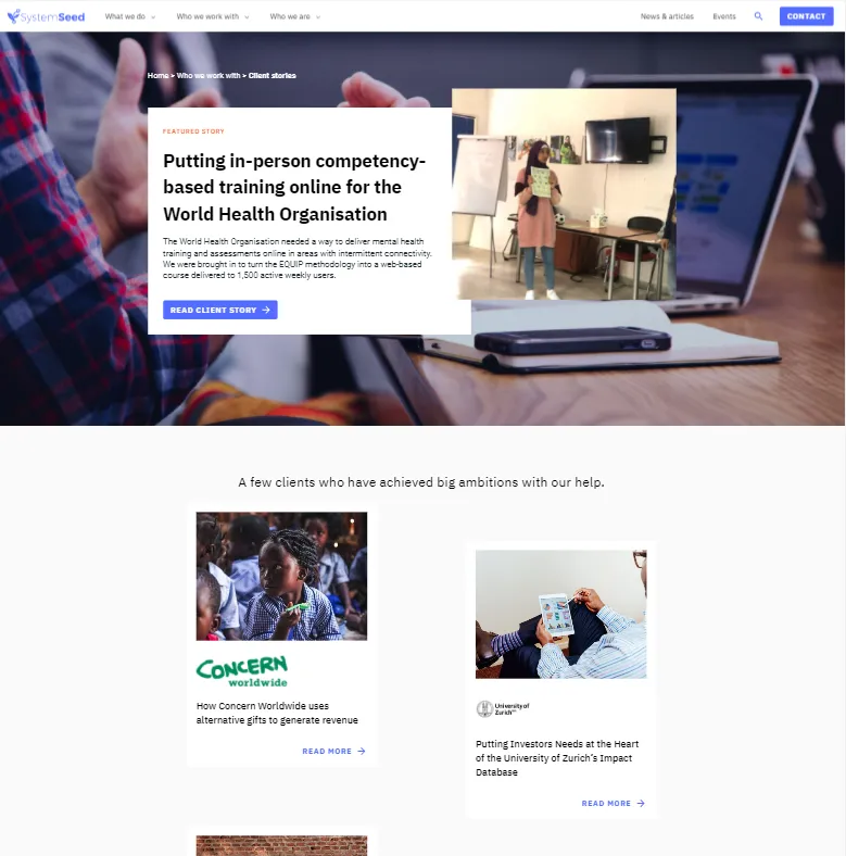 Featured item header in landscape format at top of page with button to click through, followed by individual portrait cards which feature the client logo and key image