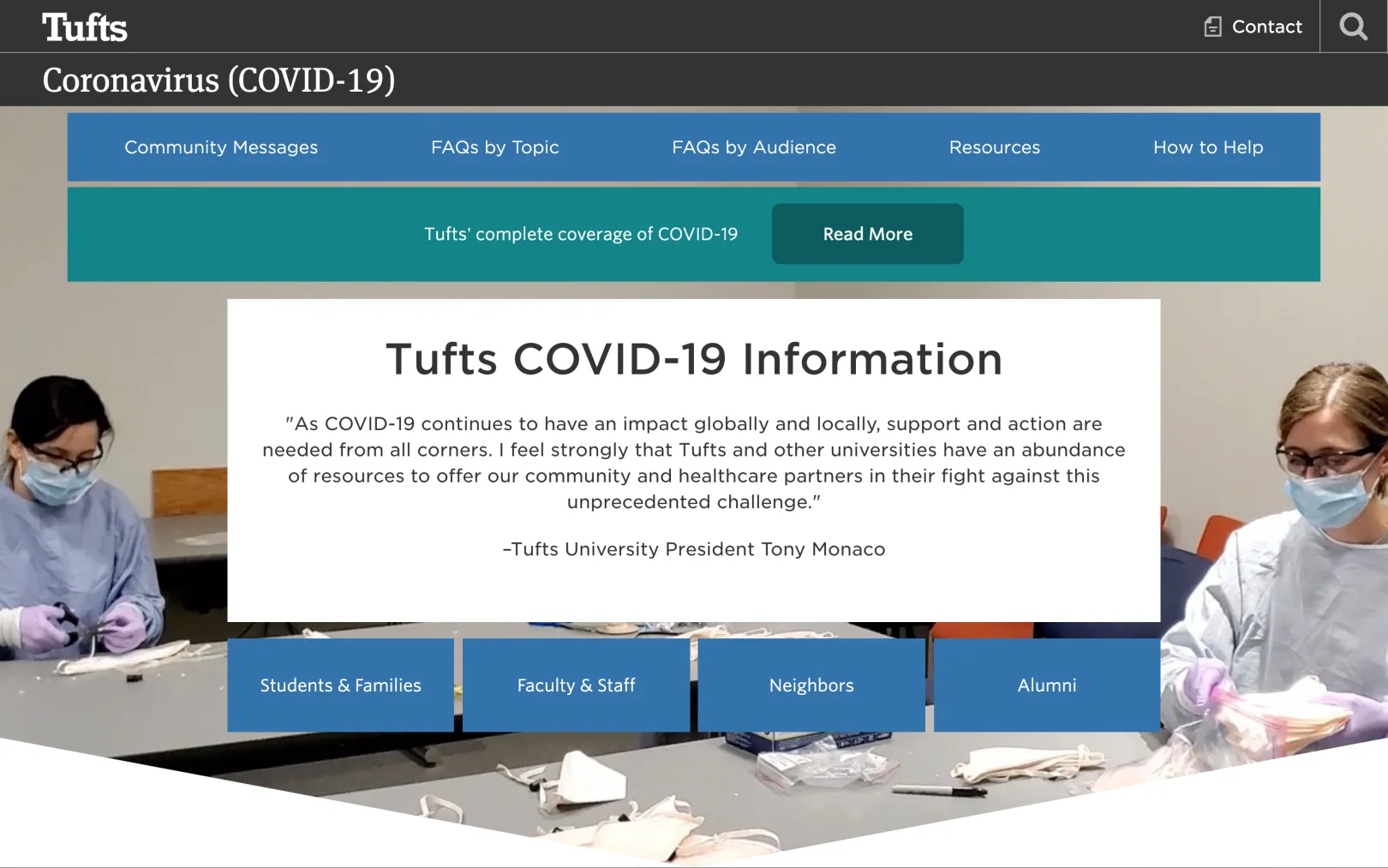 Tuft's coronavirus homepage