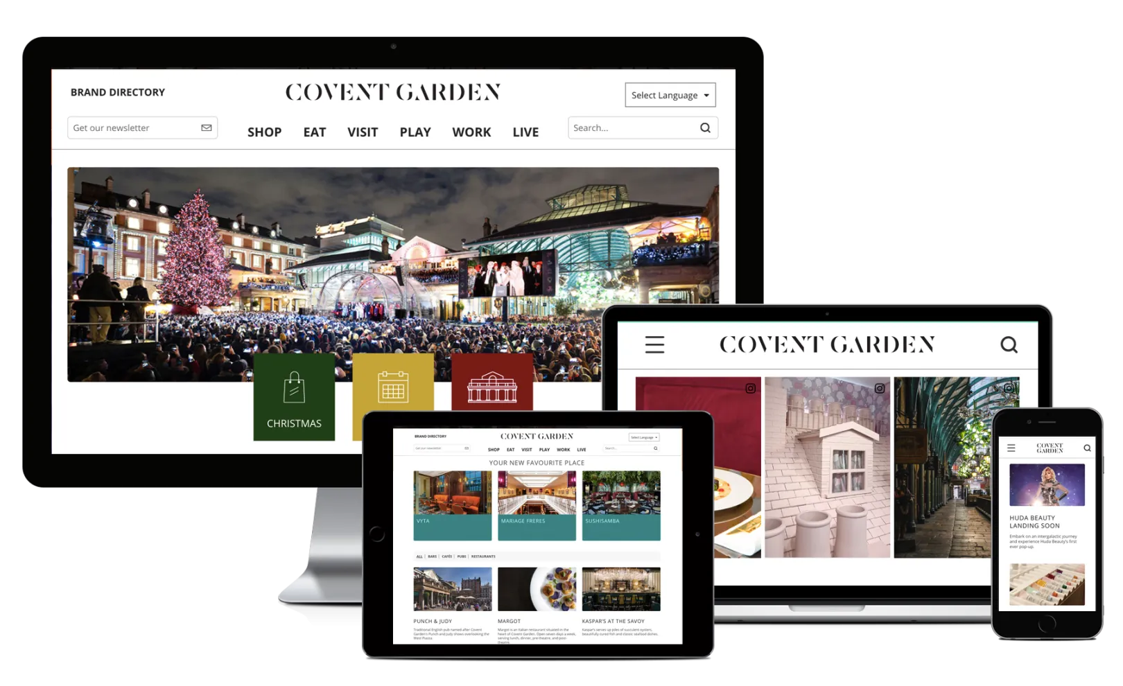 Desktop, Macbook, tablet and iPhone showing pages from Covent Garden's website