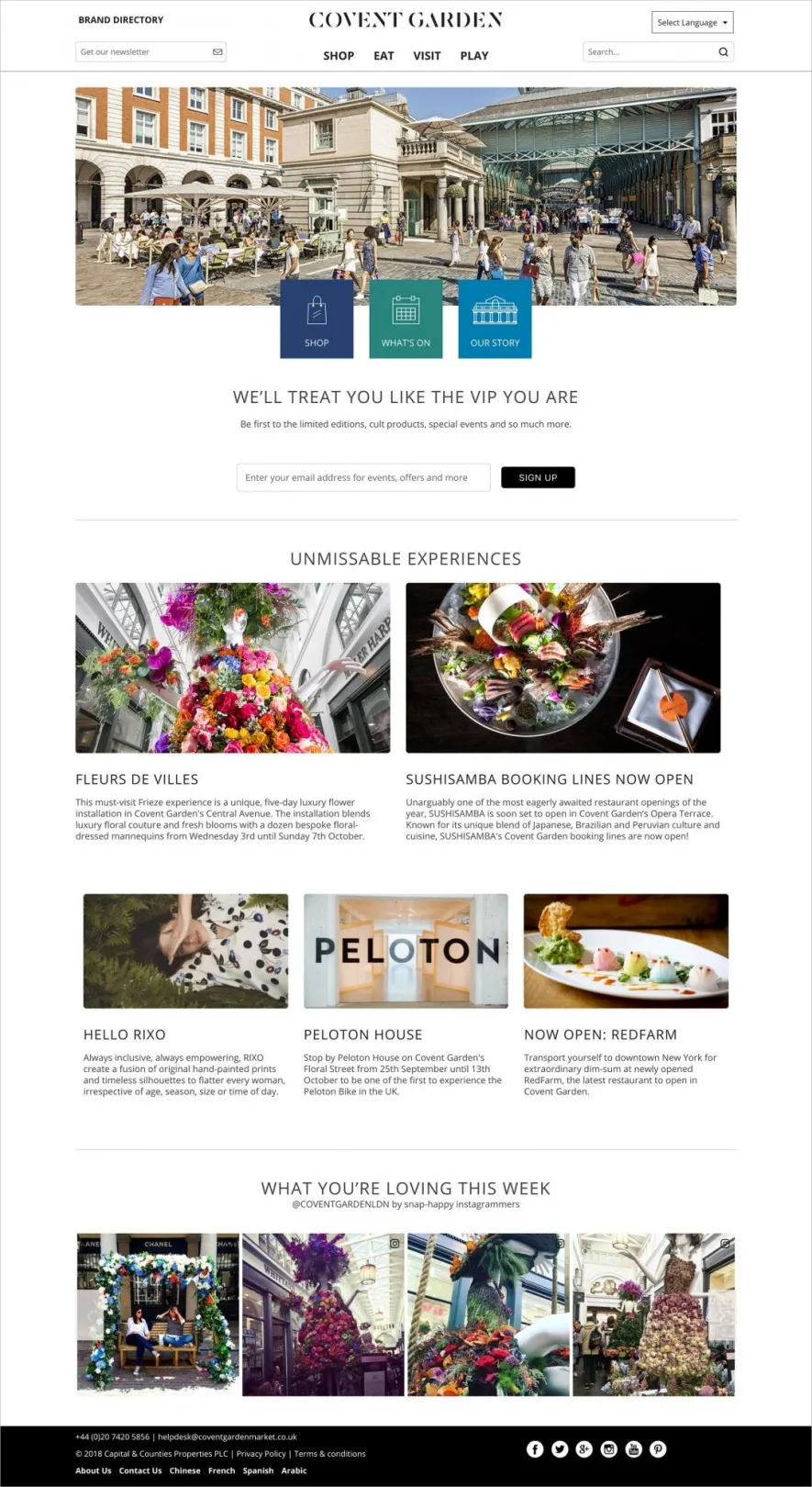 Covent Garden London website homepage featuring unmissable experiences and user generated images
