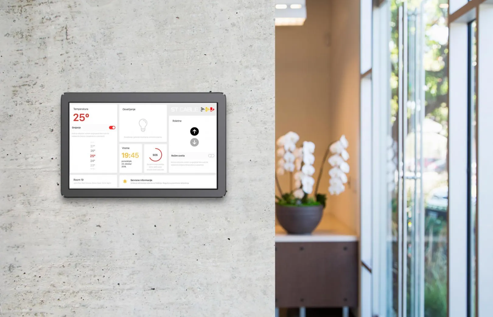 Mounted tablet in the room with daylight theme (Academy IoT)