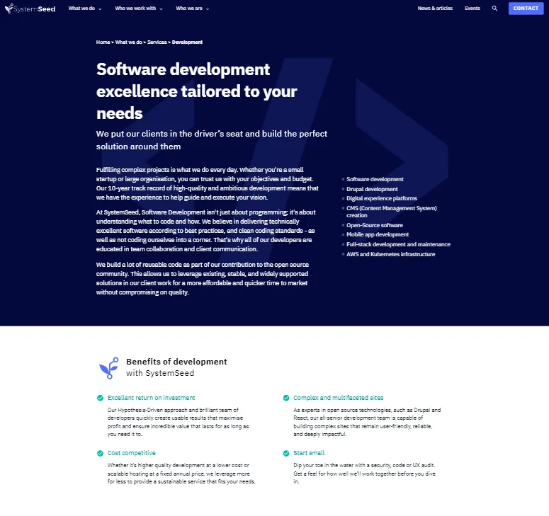 Dark blue hero block with white text, followed by text blocks on white background showing the benefits of doing development with SystemSeed