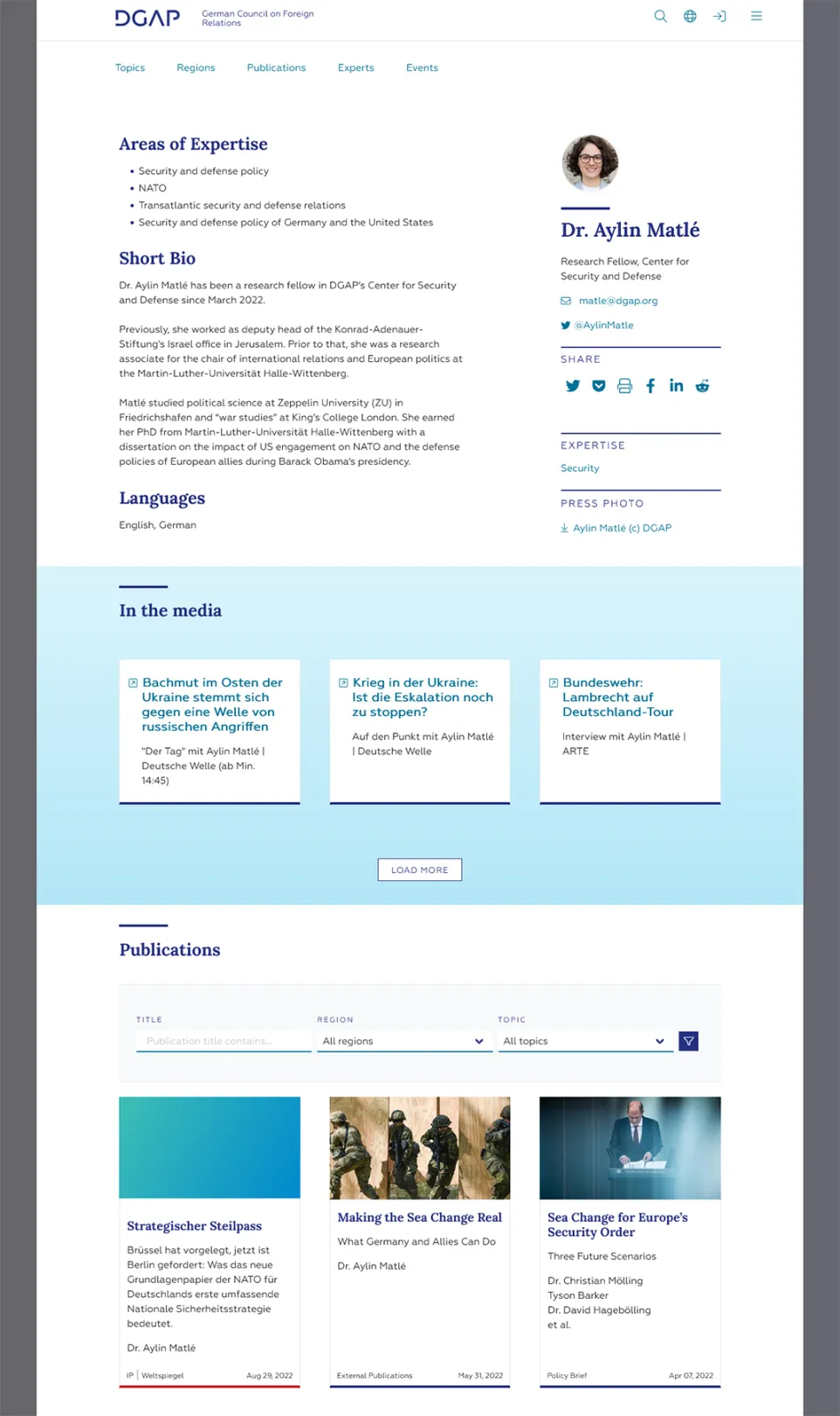 Profile page of security expert Aylin Matlé, showing bio, press photo download, share icons, external media mention teasers, filterable publication teasers