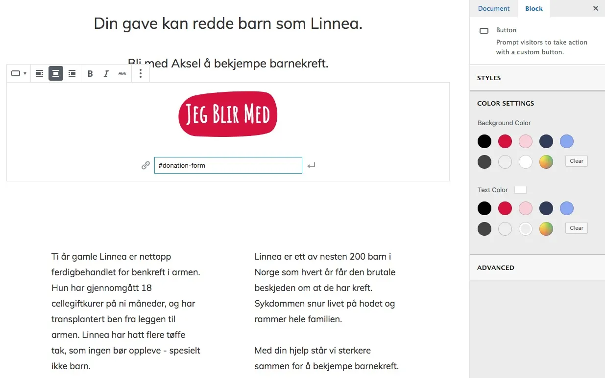 Editing a button in the Gutenberg editor backend
