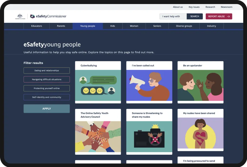 Screenshot of area of the esafety website with content and design specifically tailored to young people. Cards show modern, colourful graphics demonstrating areas such as cyberbullying and 'Someone is threatening to share my nudes'.