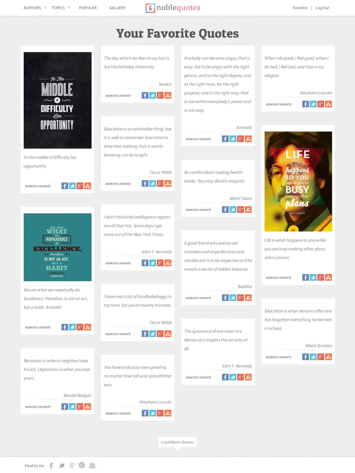 NobleQuotes.com snapshot of Favorites page.
