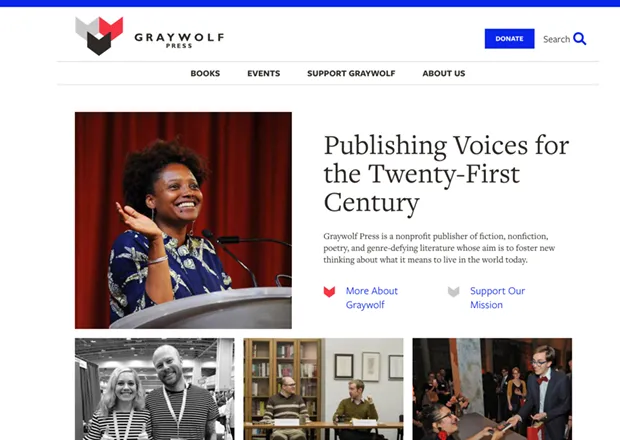 Screenshot of Graywolf website homepage, with menu, logo, and several photos of authors
