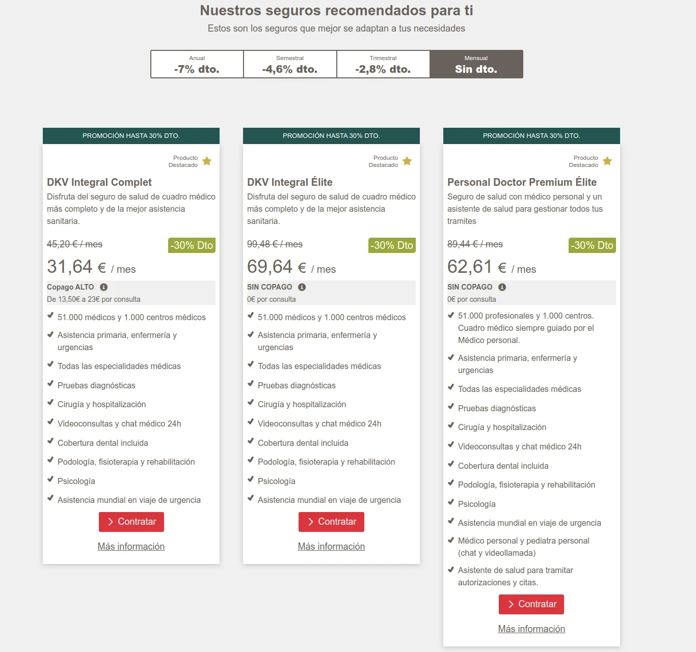 Screenshot of the insurance plan selection page