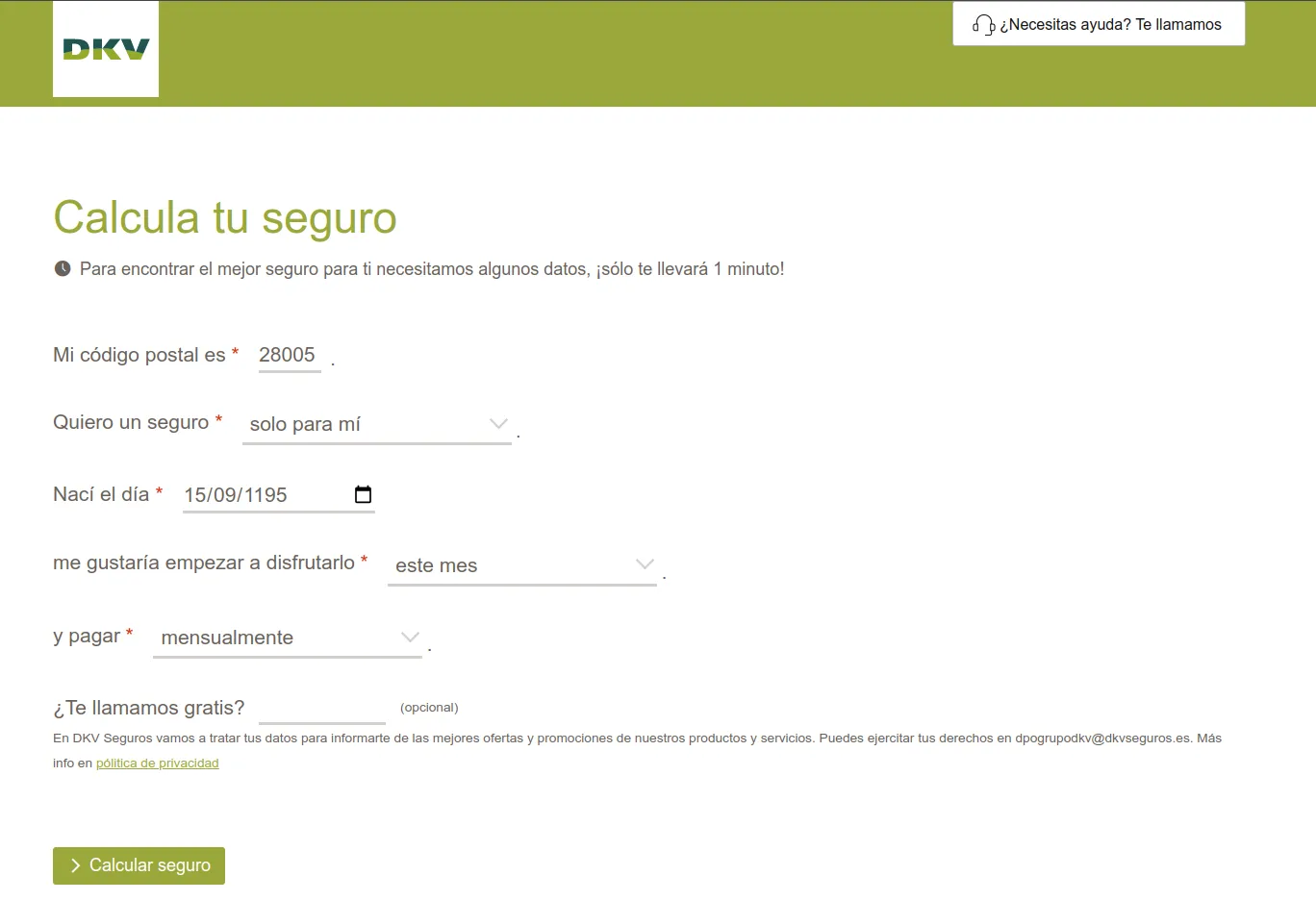Screenshot of the advanced insurance calculator form