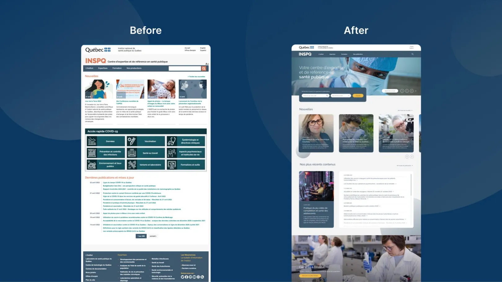 Showcase of the Institut national de santé publique du Québec desktop webpage
