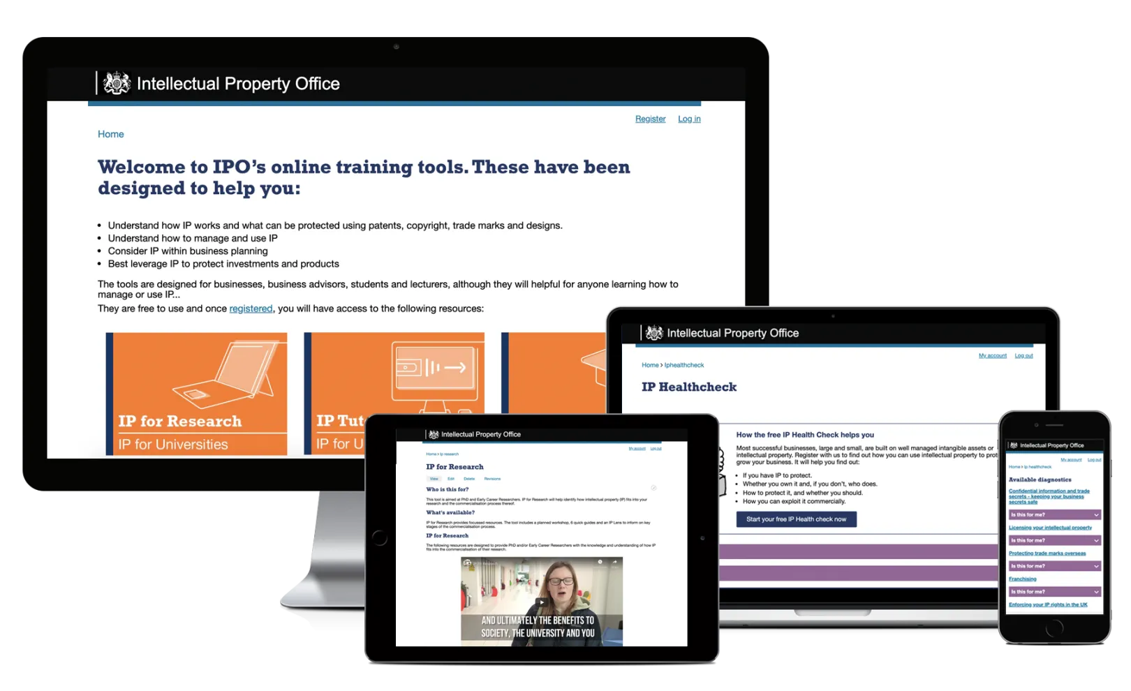 Desktop, Macbook, tablet and iPhone showing pages from Intellectual Property Office'swebsite