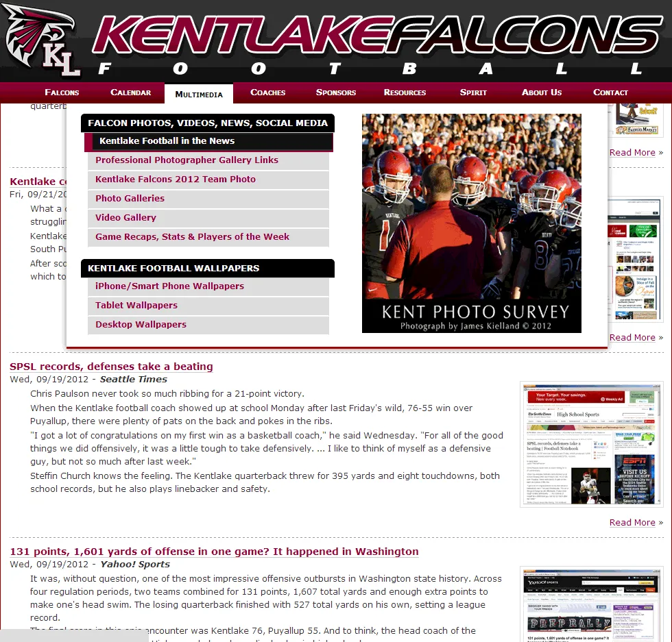 Screenshot of the Kentlake Football In the News page.