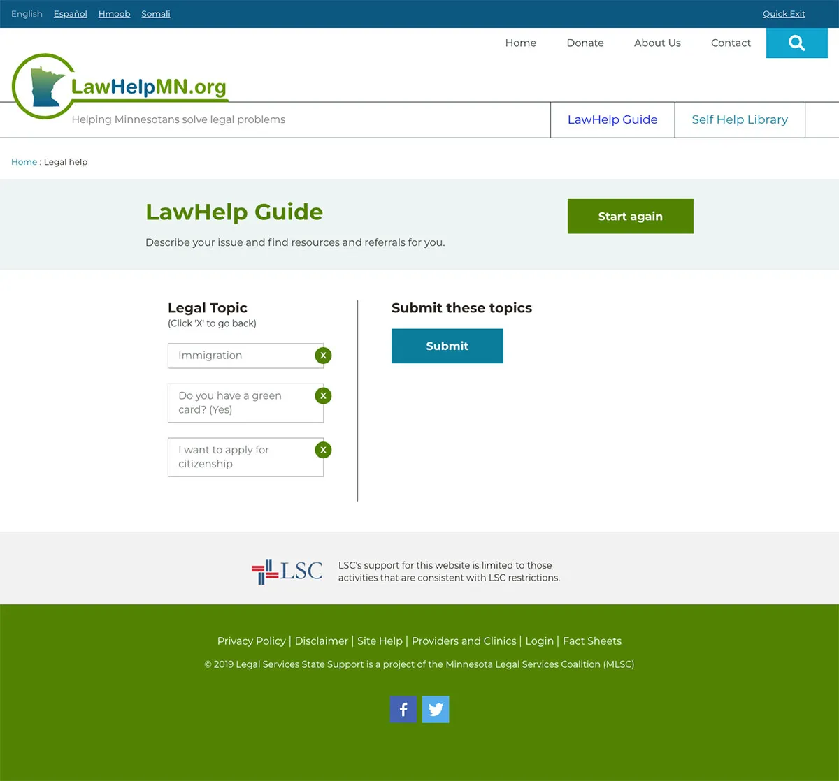 screenshot of legal guide in use