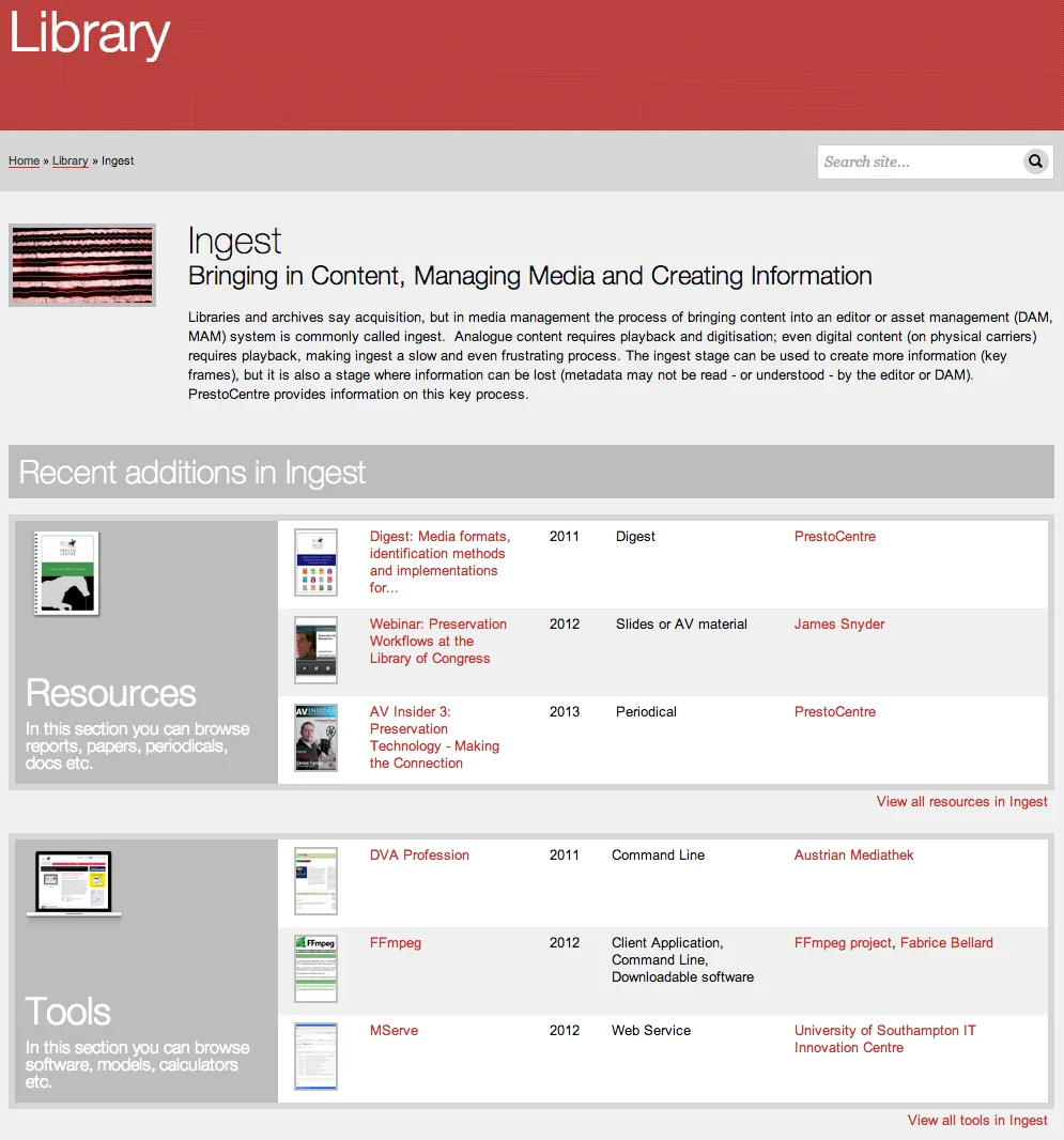 Screenshot of a section in the PrestoCentre Library