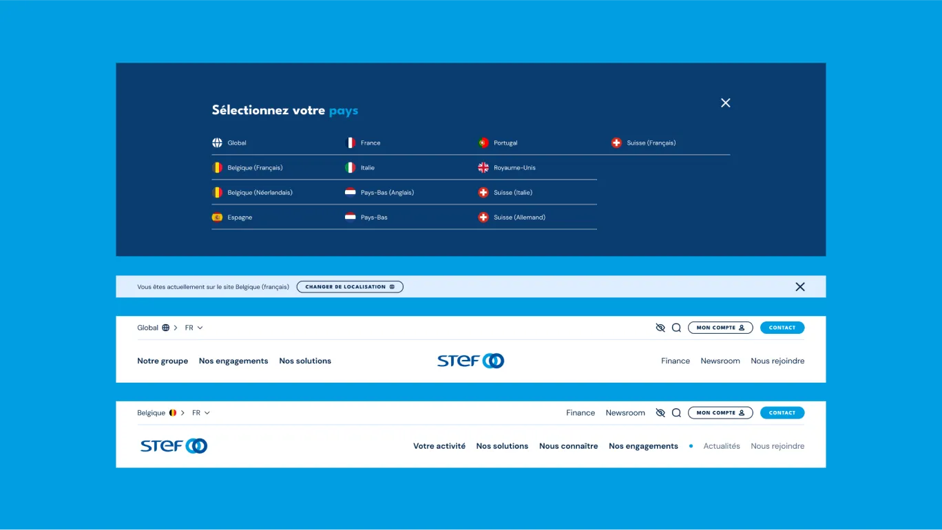 Captures d'écran des menus de navigation du site entre le site corporate et les sites pays