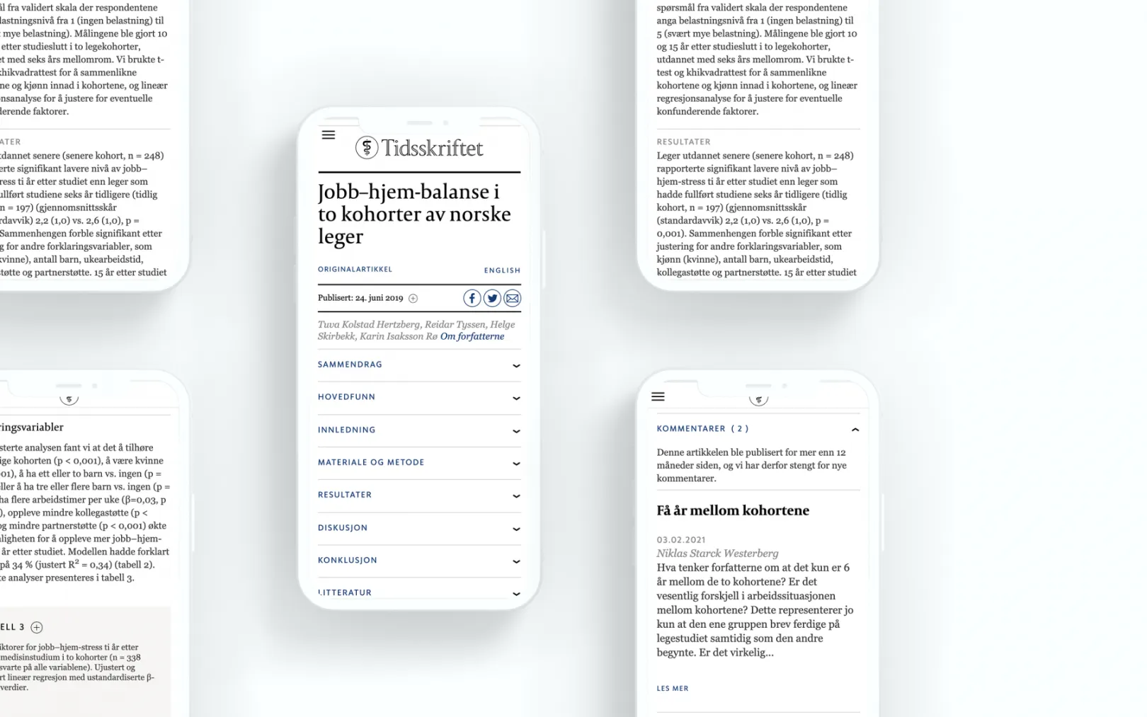 Multiple screenshots of tidsskriftet.no website on mobile