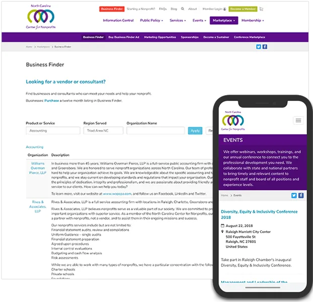 NC Center for Nonprofits Business Finder desktop and mobile screens.