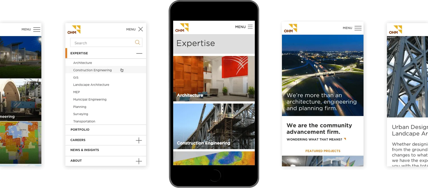 OHM mobile screens including expertise (topics) and featured projects