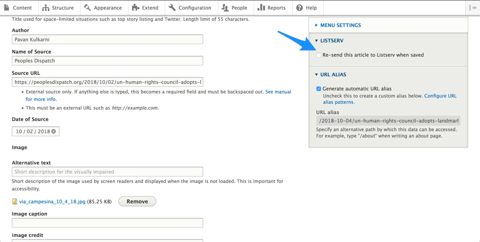 Screenshot highlighting option to re-send article to listerv once the article is saved