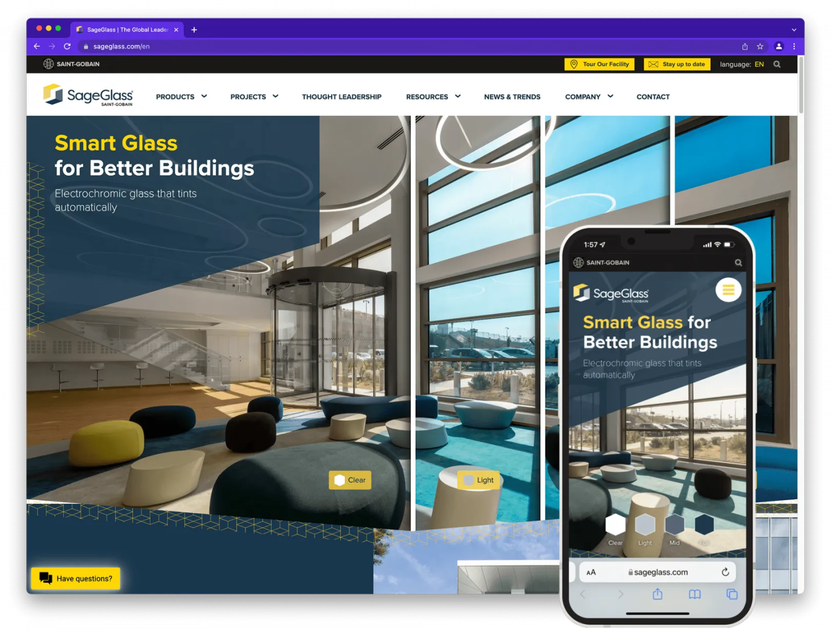 Image shows a browser tab and a mobile phone layered over it, both showing the same website. The website is sageglass.com