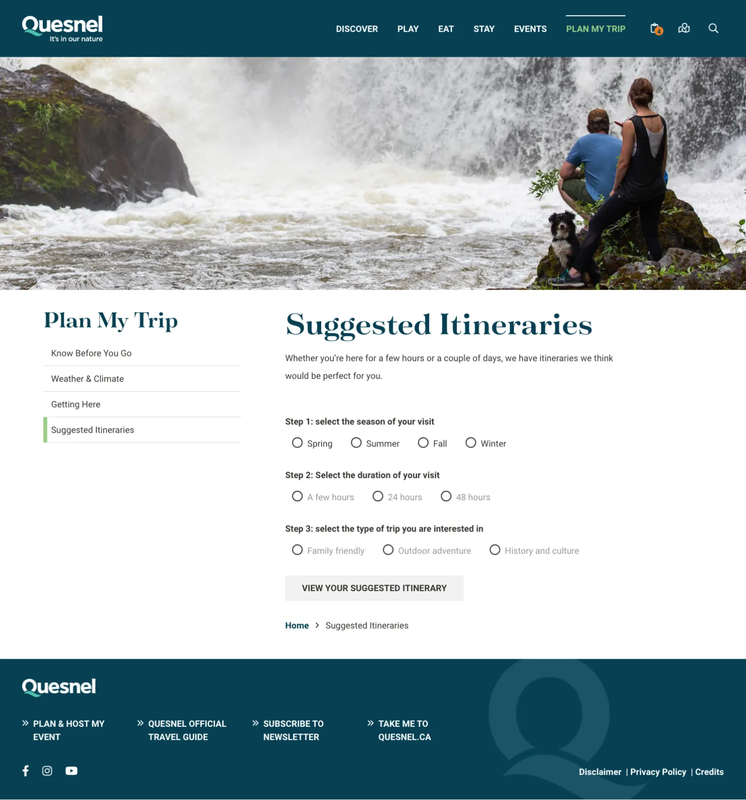Suggested Itineraries web page. Includes questions that determine what intinerary is suggested. 