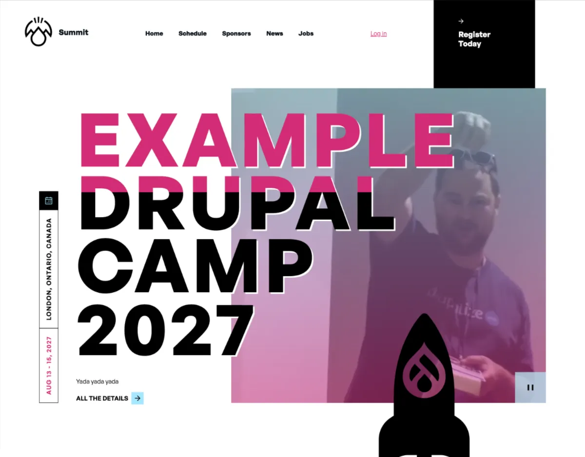 Screen capture of a site built with the Summit template, showing "Example Drupal Camp" on the home page