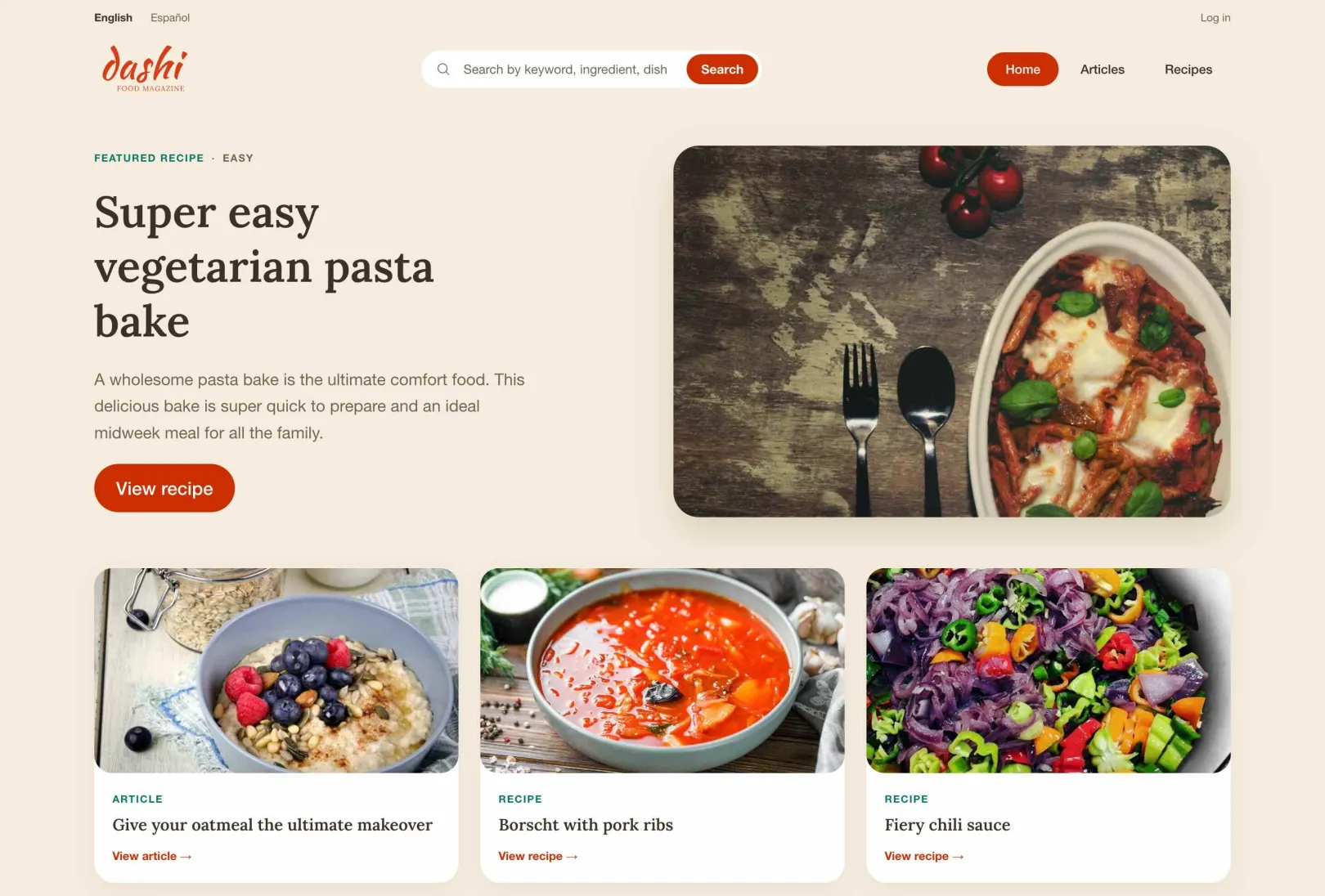 The Dashi homepage, showing a multi-lingual recipe site