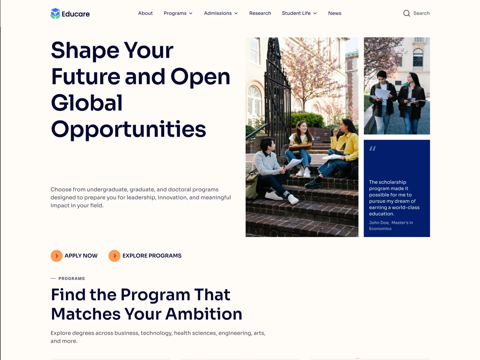 Educare home page design: hero and the education programme highlights.