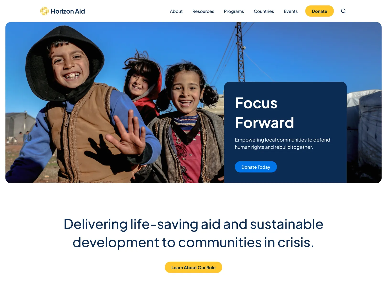 Horizon Aid home page design: hero with the headline Focus Forward and a Donate Today button, above the mission statement.