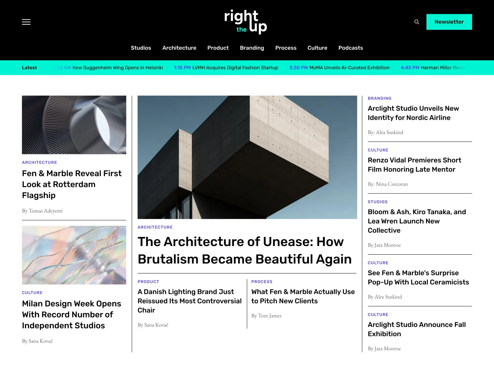 The Rightup home page design: header with the live feed ticker, a featured architecture story and the latest articles.