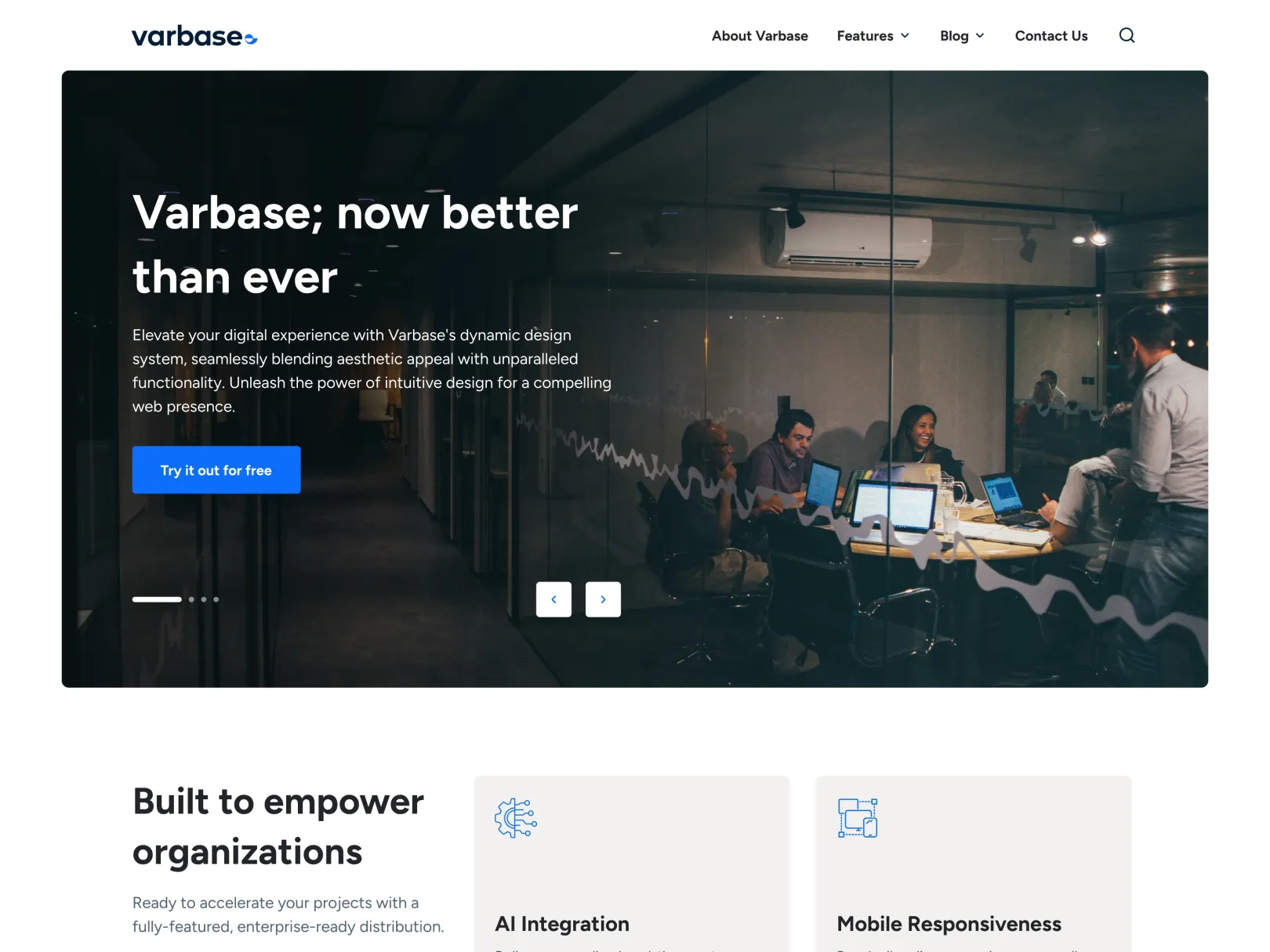 Varbase Starter home page design: hero with the headline Varbase; now better than ever and a Try it out for free button.