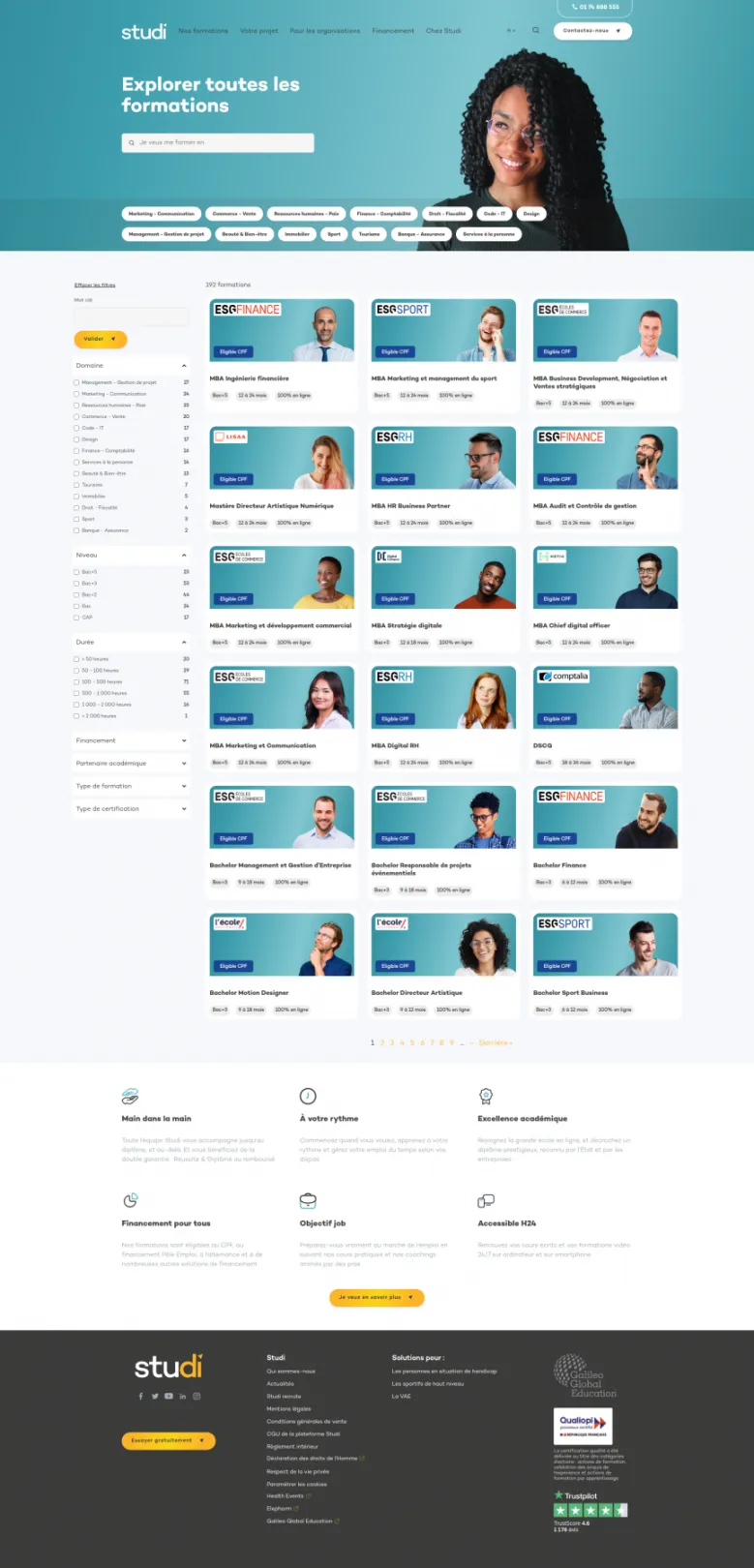 A search page listing trainings
