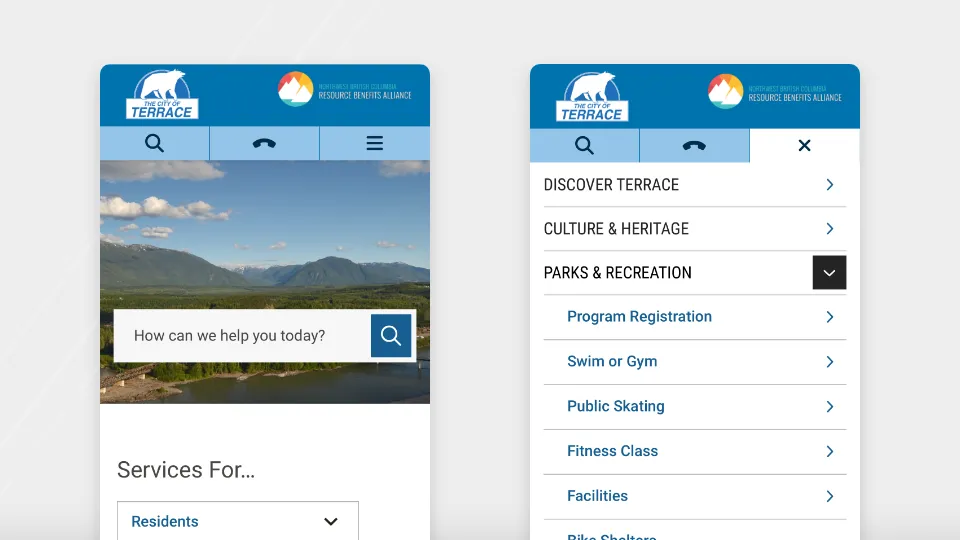 Mobile view of terrace.ca homepage.