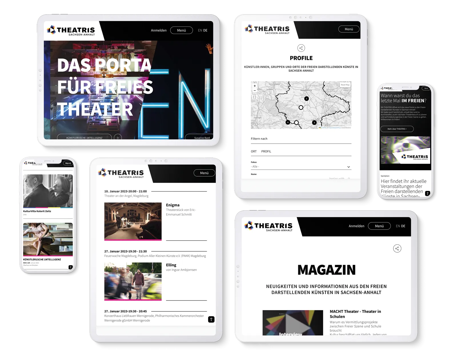 Several mobile devices showing an animated home page, profiles, map, calendar entries, magazine