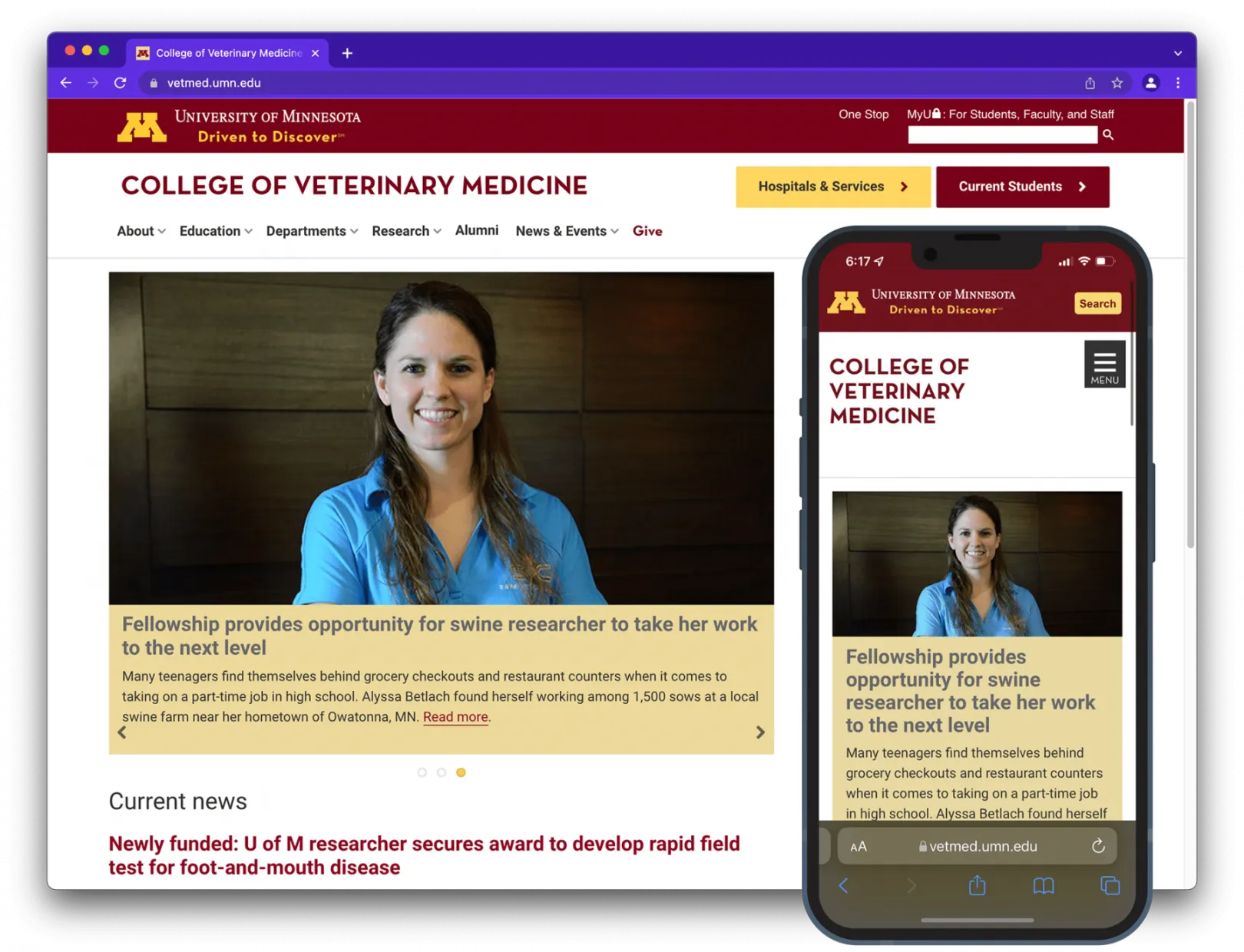 Screenshot of the website: vetmed.umn.edu for the College of Veterinary Medicine at the U of M. A smaller inset image of a phone browser is on the bottom right corner.
