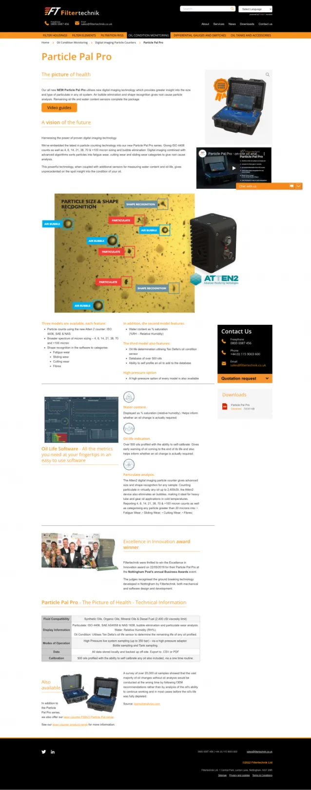 A product page on Filtertechnik with multiple sections built with Paragraphs