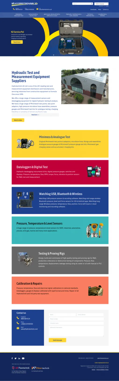 Hydrotechnik's homepage, with a banner carousel, colored signposting for key sections and a contact form