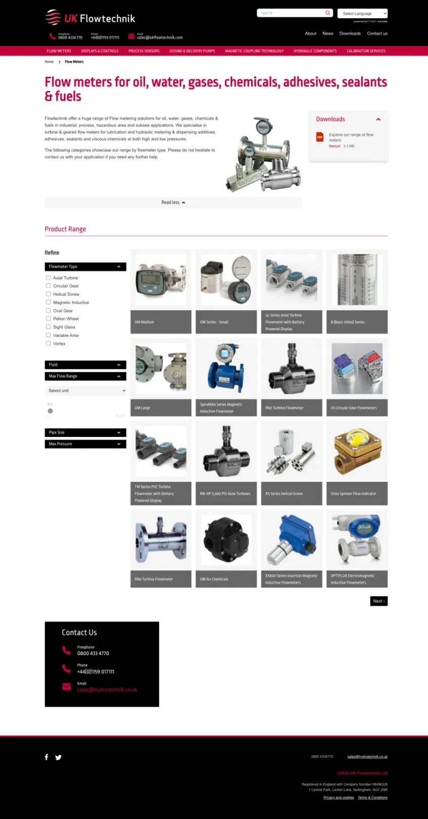 UK Flowtechnik product category with facets to help filter the various products shown on the page