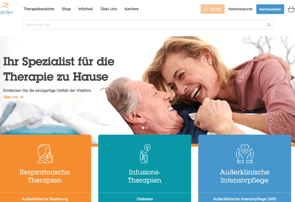 Screenshot of VitalAire homepage, with a big hero banner showing a happy couple holding hands and below the three main call-to-actions