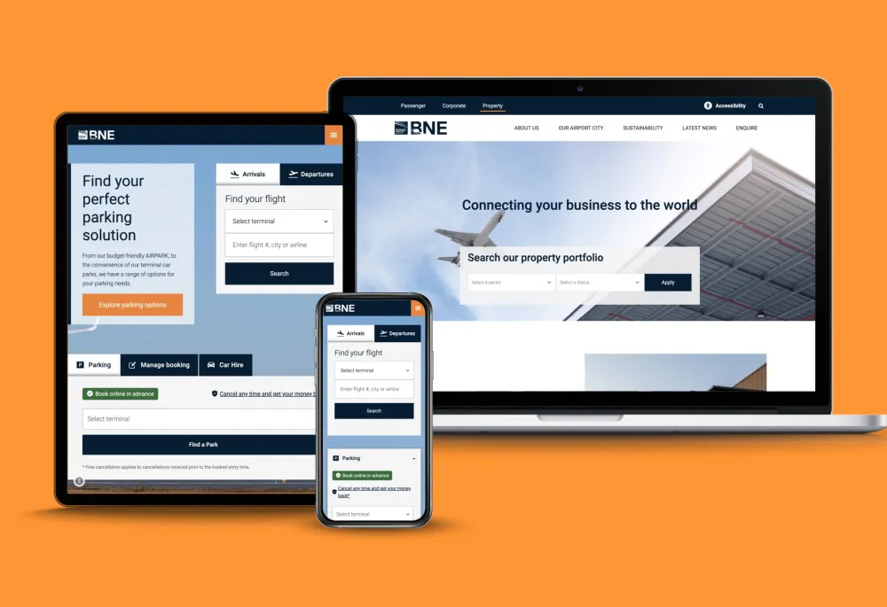 Mobile, tablet and desktop screenshots of the Brisbane Airport website